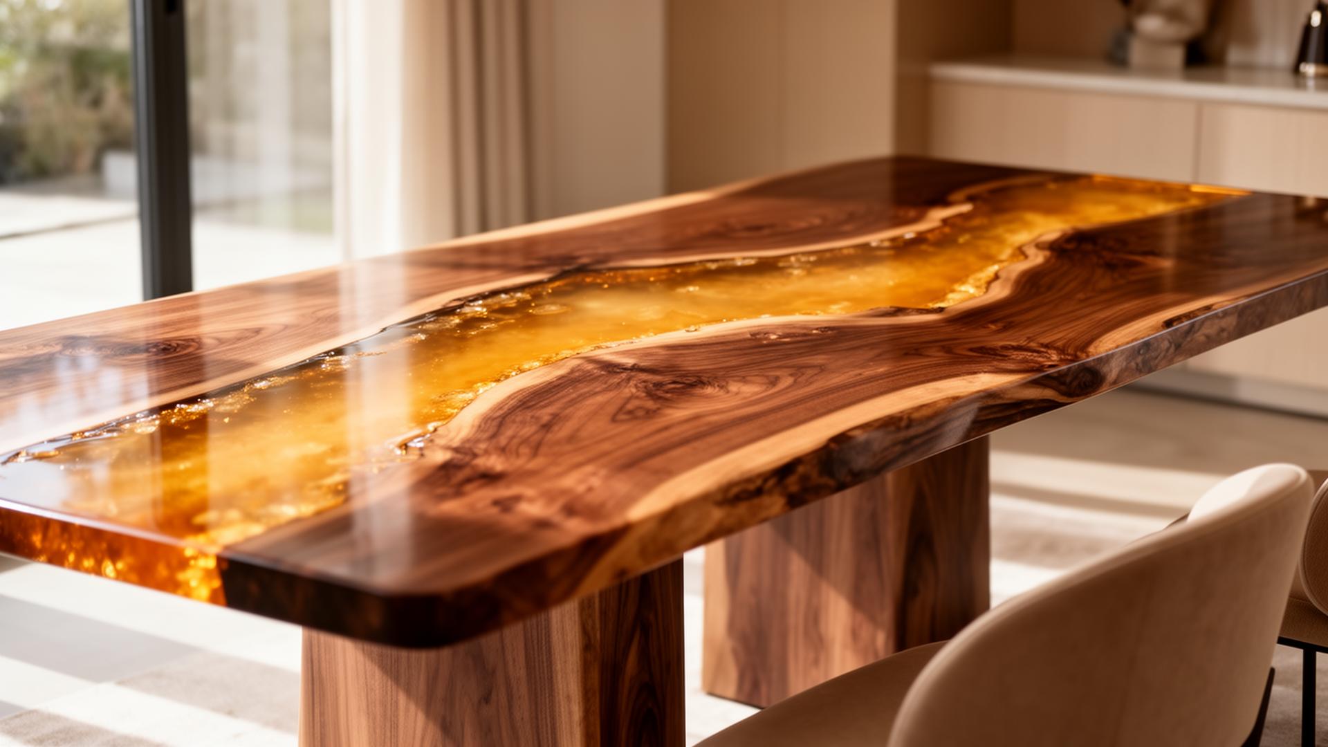 Handgefertigter Designer-Tisch aus Nussbaum mit Epoxidharz-Einsatz